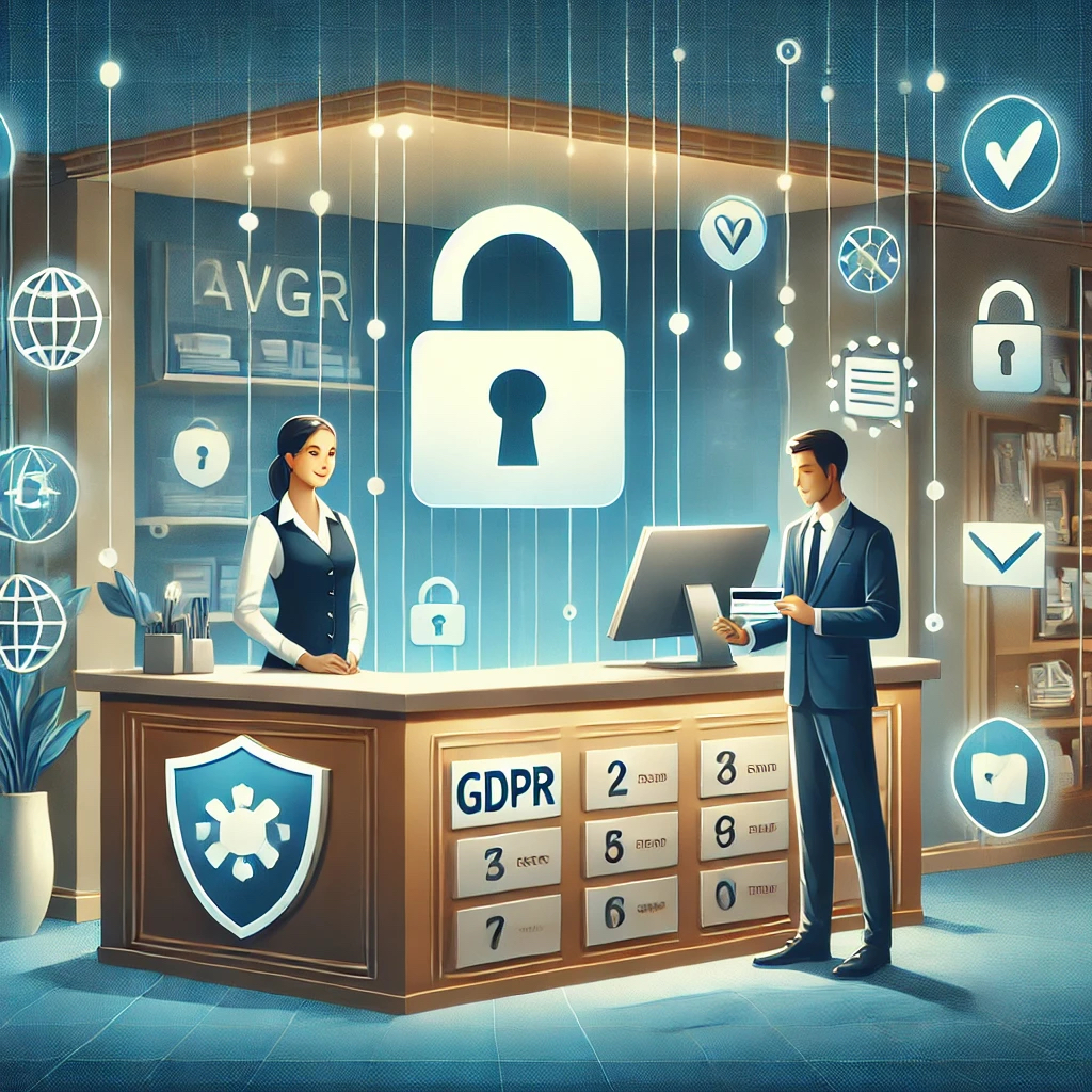 dall·e 2025 02 21 10.52.11 a digital illustration representing gdpr (avg) and privacy in the hospitality industry. the image features a hotel reception desk with a receptionist